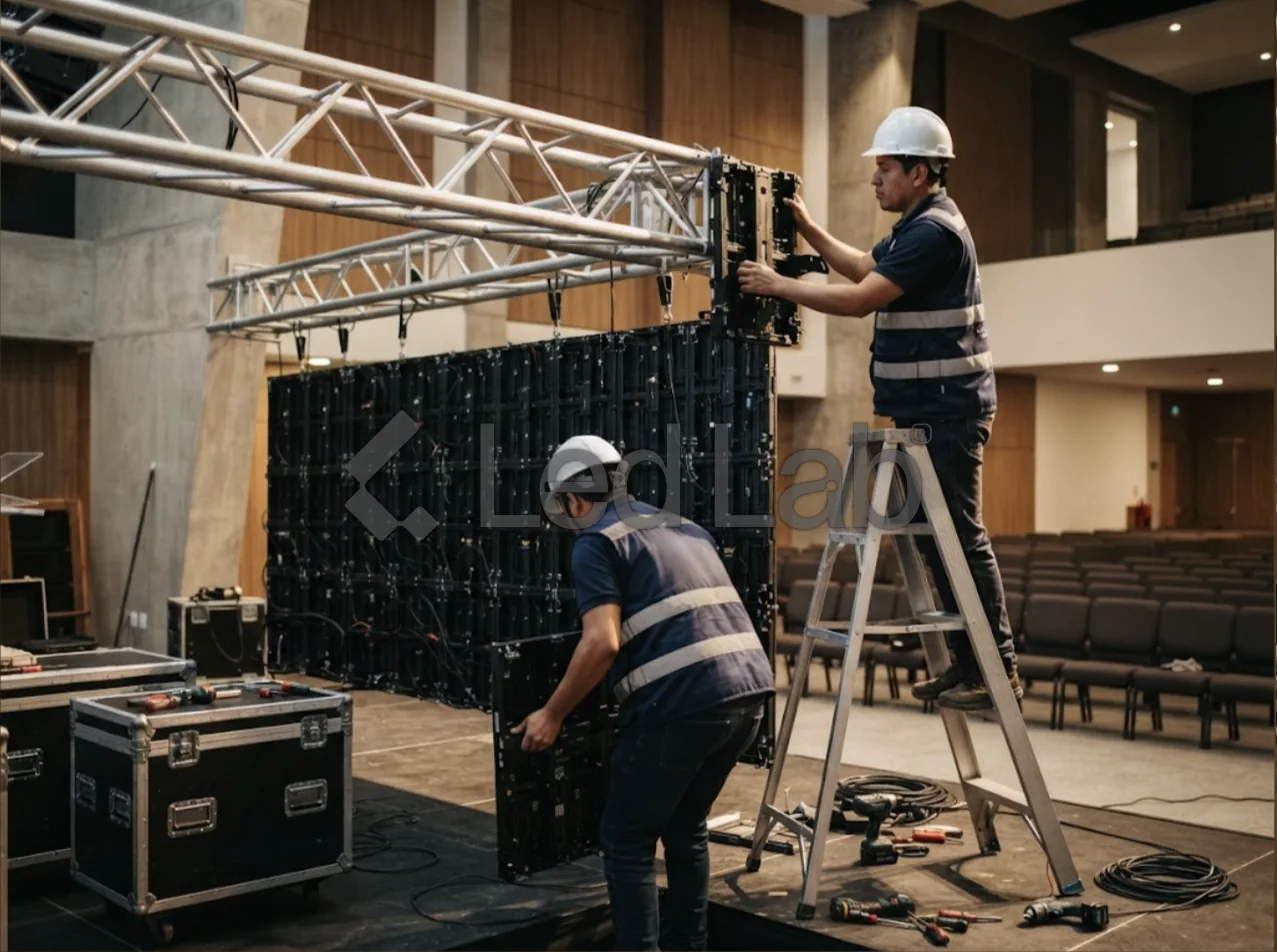 Técnicos de LED Lab montando los gabinetes de una pantalla LED