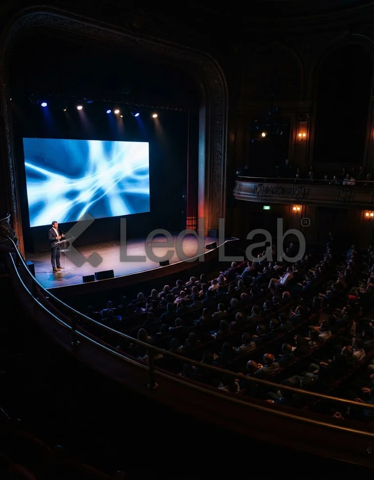 Pantalla LED en un auditorio durante una conferencia
