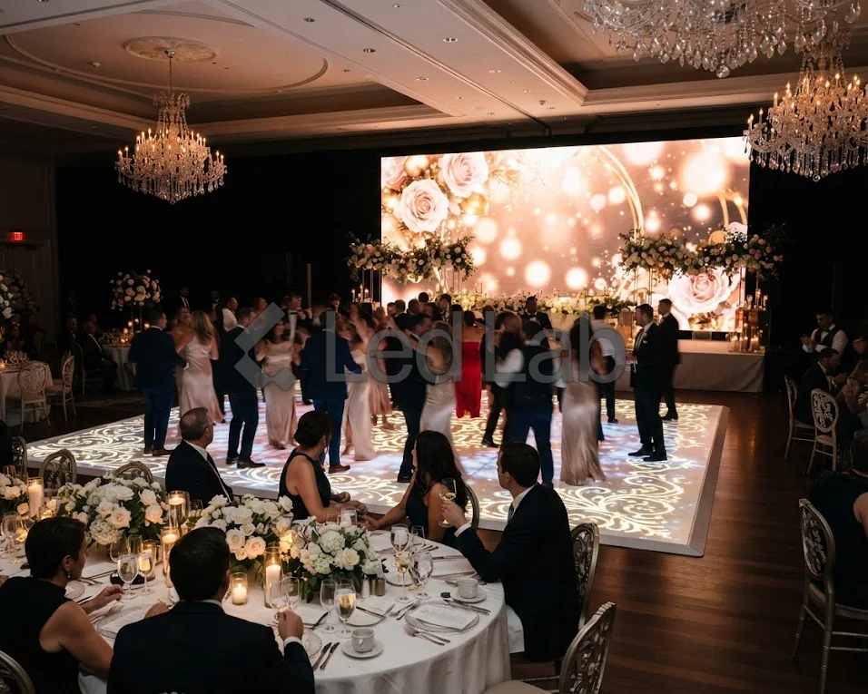 Pantalla y pista LED instaladas por LED Lab en un salón de eventos