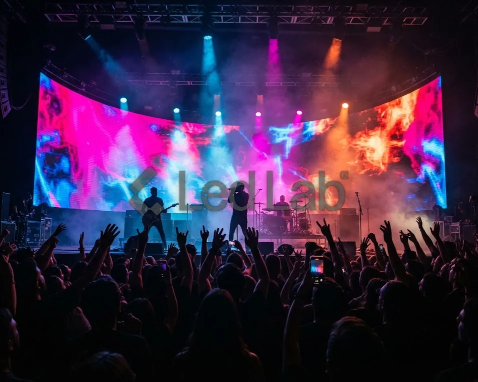 Pantalla LED curva con colores vivos en un concierto