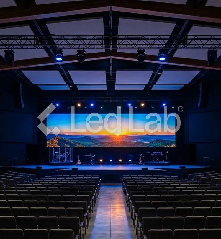 Pantalla LED sobre el escenario de un auditorio en Estados Unidos