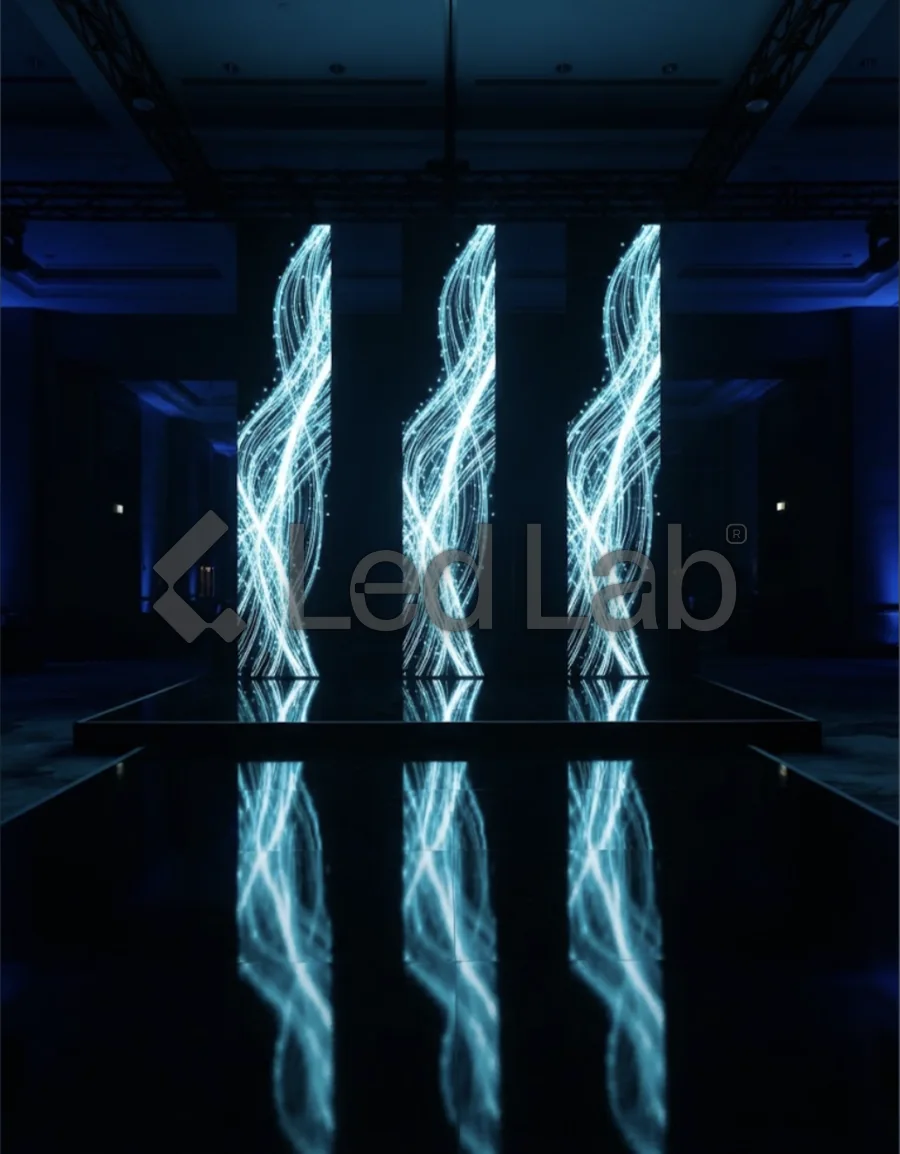 Tótems LED verticales en un lanzamiento de marca