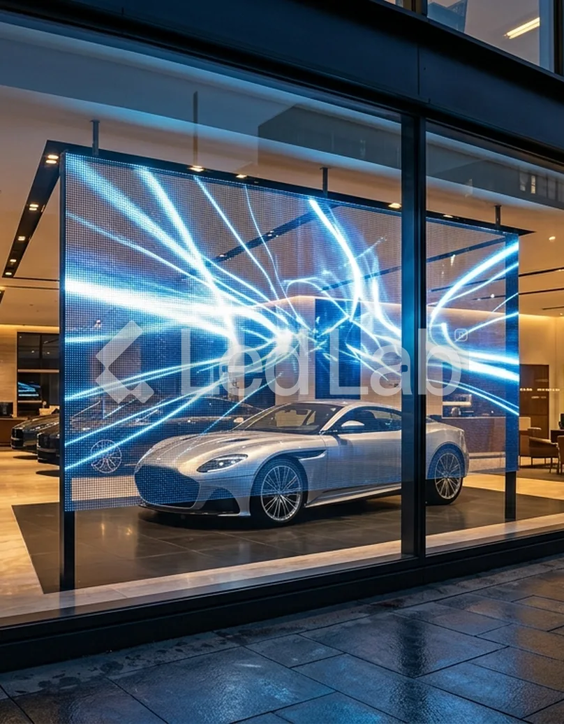 Pantalla LED transparente en la vitrina de un concesionario